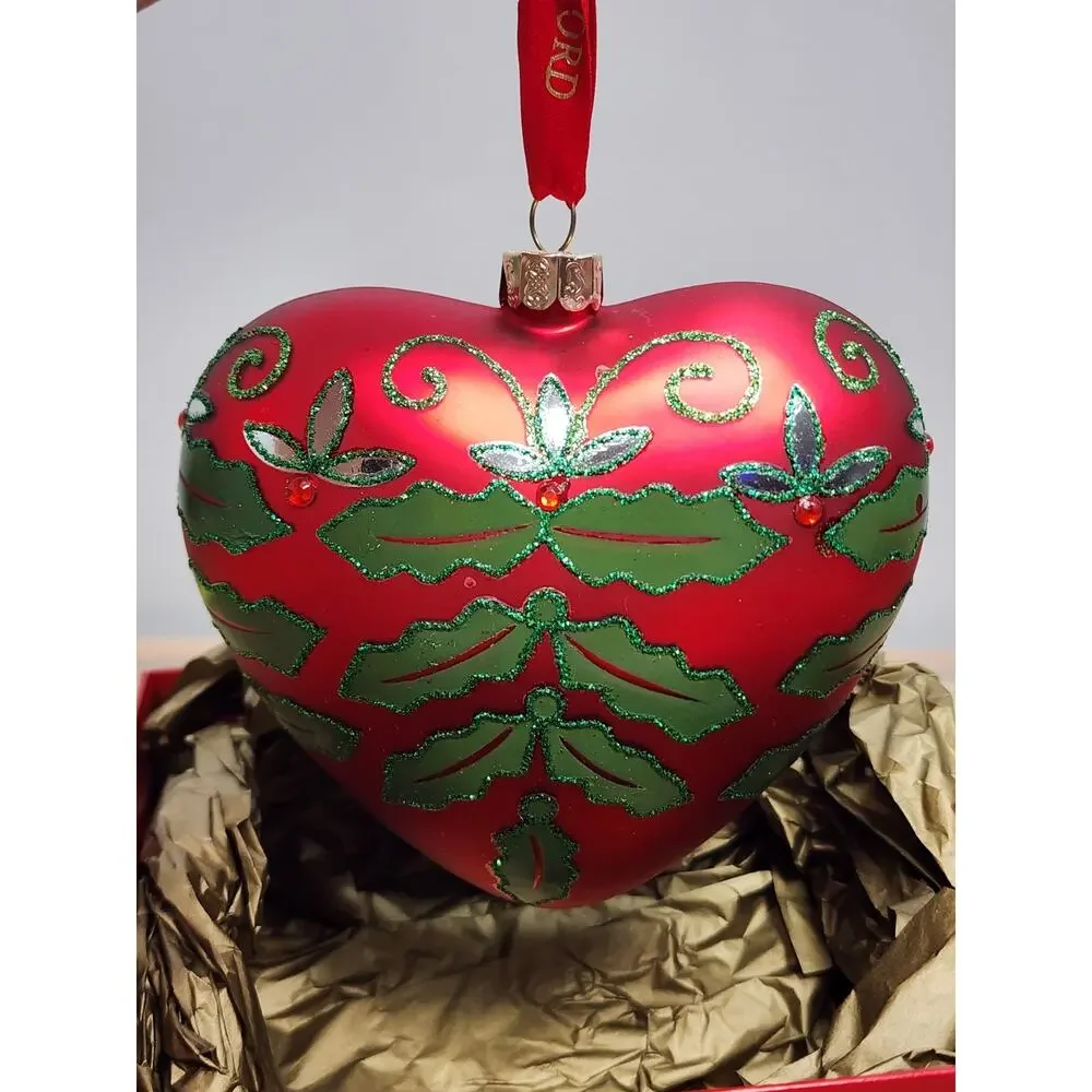 Waterford Ornamen Holiday Heirlooms Red Green Holly Jolly Heart Glass Christmas